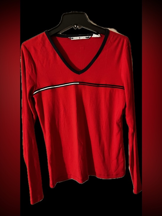 Tommy Hilfiger Tops - Tommy Hilfiger Red Long-Sleeve V-Neck Top with Contrast Stripe